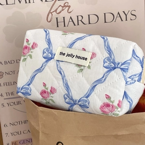 Trousse de toilette matelassée à fleurs avec nœuds bleus et roses roses, chic