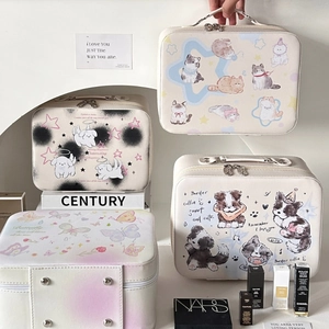 Detail of four colorful printed cosmetic bags with animal and butterfly patterns