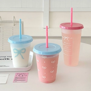 Three cute summer plastic straw cups with bow patterns and high-capacity portable design