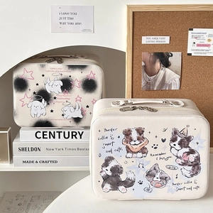 Detail of cute cartoon pet pattern on cream white large capacity makeup storage bag