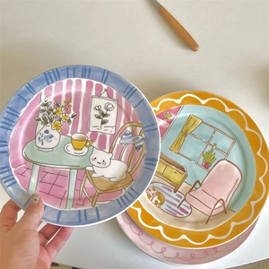 Cute ceramic dessert plate with hand-drawn cat and floral patterns in Korean style