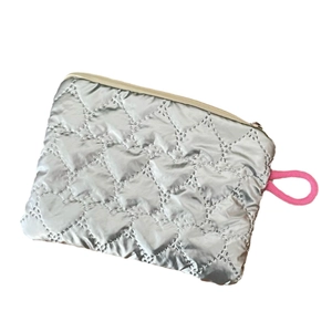 Silver quilted heart pouch with pink rope handle and metallic finish coin bag