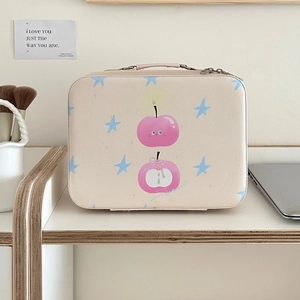 Close-up of portable cartoon cosmetic case with double zippers and reinforced handle