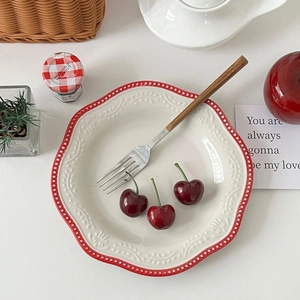 French retro scalloped edge ceramic dinner plate with red waves and white polka dots