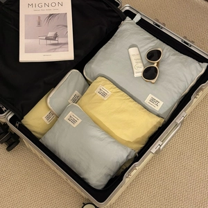 Blue and yellow lightweight waterproof luggage packing cubes set in a metal suitcase