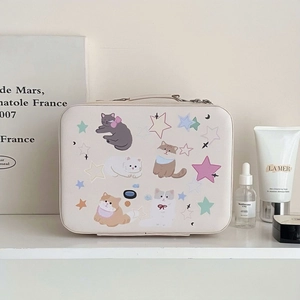 Detail of cute cartoon cat pattern on cream leather makeup case with silver zipper
