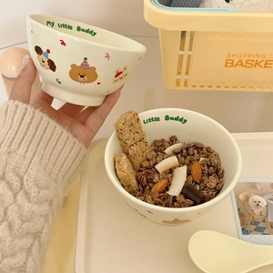 Cute cream ceramic bowl with animal illustrations for breakfast cereal and soup