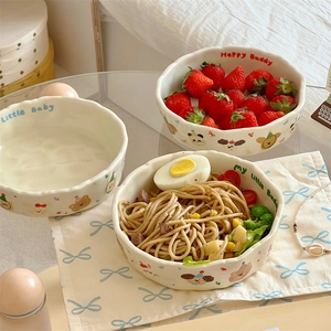 Cute Cartoon Animal Ceramic Bowl Plate Hand Pinched Irregular Wavy Edge Matte Salad Pasta Dessert Bowl Ins Style
