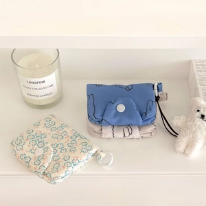 Cute bow ribbon mini storage bags in blue line pattern and beige floral corduroy styles