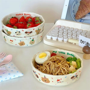 Creamy matte ceramic bowl set with cute cartoon animal illustrations and wavy edges