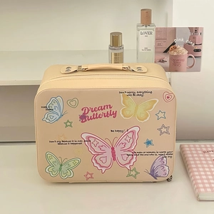 Detailed view of beige cosmetic case with butterfly prints and motivational text