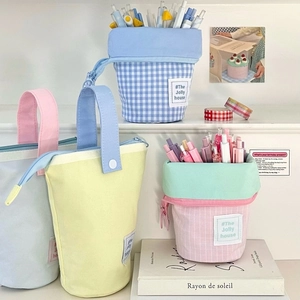 Standing telescopic macaron canvas pencil case with large capacity for desk storage