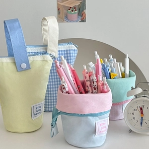Standing large capacity canvas pencil case with handle in Japanese minimalist style
