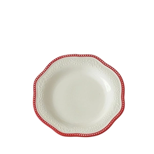 French retro ceramic dinner plate with red beaded scalloped edge and embossed floral pattern