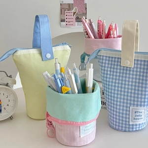 Standing canvas pencil case in pastel colors with portable handle and large capacity