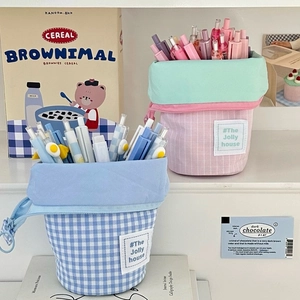 Close-up of standing canvas pencil case with blue grid and pink stripes on desk shelf