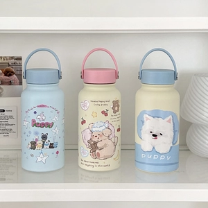 Cute Cartoon Puppy Butterfly Print 304 Stainless Steel Insulated Water Bottle With Portable Handle Large Capacity Vacuum Flask