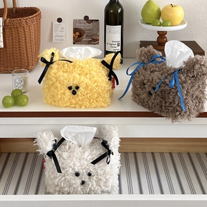 Cute teddy bear plush tissue box cover with ribbon bows for home and car interior decor