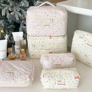 Quilted Cotton Cosmetic Bag Polka Dot Bow Travel Toiletry Organizer Portable Makeup Storage Pouch Floral Animal Pattern