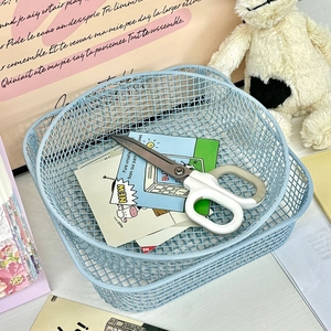 Close-up of light blue metal mesh desktop organizers in small and large sizes