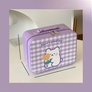 Detailed size view of purple checkered bear cosmetic bag measuring 24x11x18cm