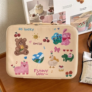 Detail of cute bear and animal illustrations on large capacity cream makeup bag