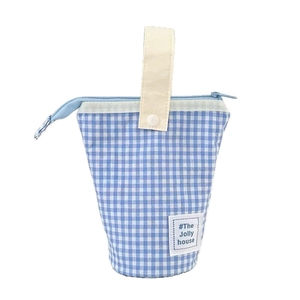 Large capacity blue and white plaid stationery bag with handle and zipper closure