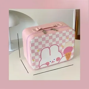 Pink checkered vanity case with bunny print showing interior capacity and dimensions