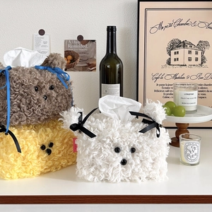 Cute plush animal tissue box covers with bow ribbons in warm cream tones set