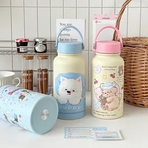 Cute cartoon stainless steel insulated bottle with puppy illustrations and carry handle