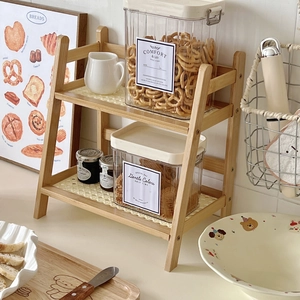Macro detail of natural bamboo frame and white woven rattan mat on the double-tier shelf