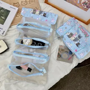 Foldable 4-in-1 starry puppy makeup bag with four detachable mesh storage compartments