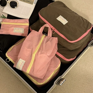 Close-up of pink travel organizers neatly packed inside a silver suitcase