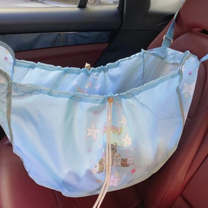 Blue cartoon car seat organizer bag with cute dog patterns and drawstring closure