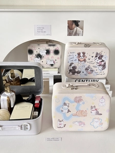 Portable cartoon makeup case with large capacity, featuring illustrations and a built-in mirror