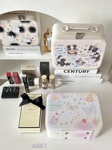 Large capacity portable cosmetic case featuring cute cartoon dog and floral patterns