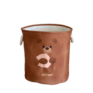 Brown cartoon bear laundry basket with Good Night print and cotton rope handles
