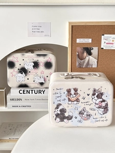 Large capacity portable cosmetic bag with cute cartoon dog illustration and leather handle