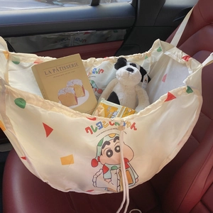Detailed view of cartoon seat organizer bag with large capacity in a car interior