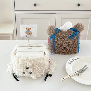 Cute plush animal tissue box cover in cream white and brown for home or car decor