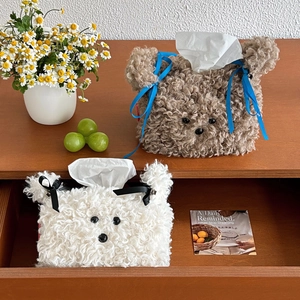 Plush teddy bear tissue box cover with sheep wool texture and decorative blue silk ribbon