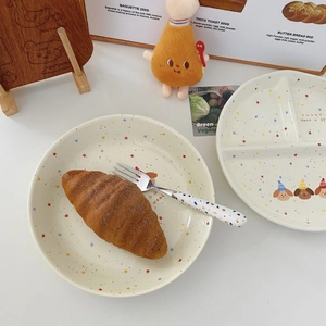 Korean style polka dot puppy ceramic dinner plate and three-compartment tray set