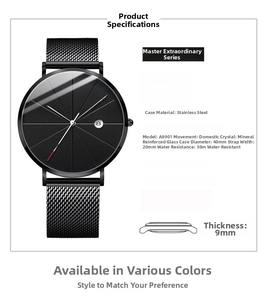 Detailed specs for 40mm minimalist black quartz watch with mesh band and 30M water resistance