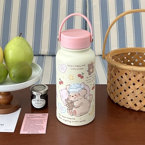 Detail of cute cartoon vacuum flask with pink handle and artistic illustrations
