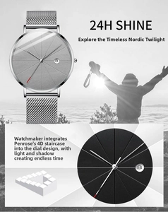 Detail view of silver mesh strap watch with grey geometric dial and 24H Shine design