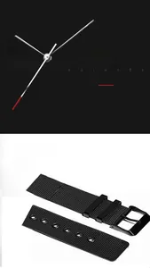 Detail view of black stainless steel mesh watch band and luminous hands with red second tip