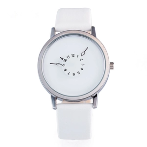 Macro view of minimalist white quartz watch with creative dial and silver case