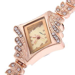Fashion rose gold quartz watch with rhinestone leaf design and rectangular dial