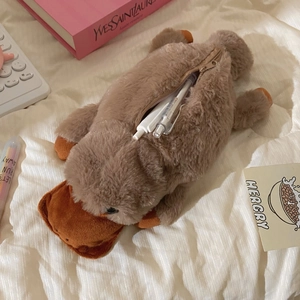 Macro shot of platypus plush pencil case with zipper closure and cute duckbill detail