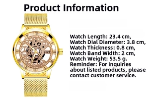 Detailed size parameters of gold Milanese mesh strap watch with hollow dial design